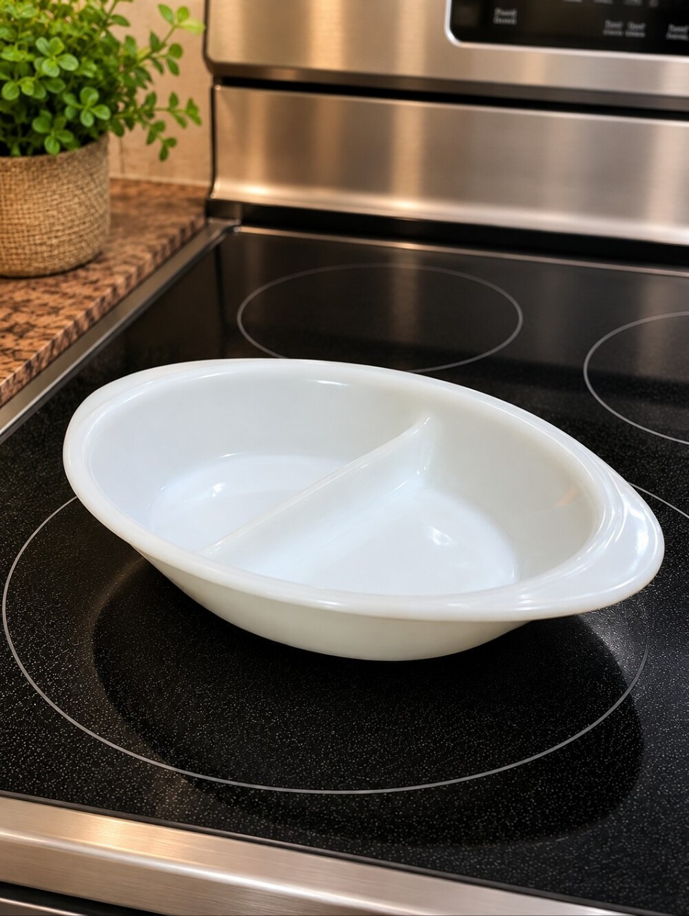Vintage Glass bake J-2352 Milk Glass Divided Casserole Dish